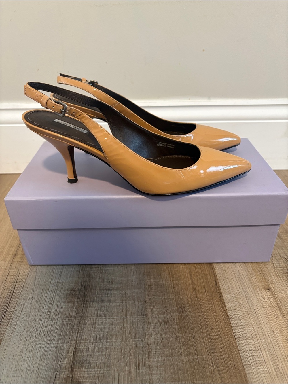 Vera Wang Patent Slingback Pumps in Camel Tan